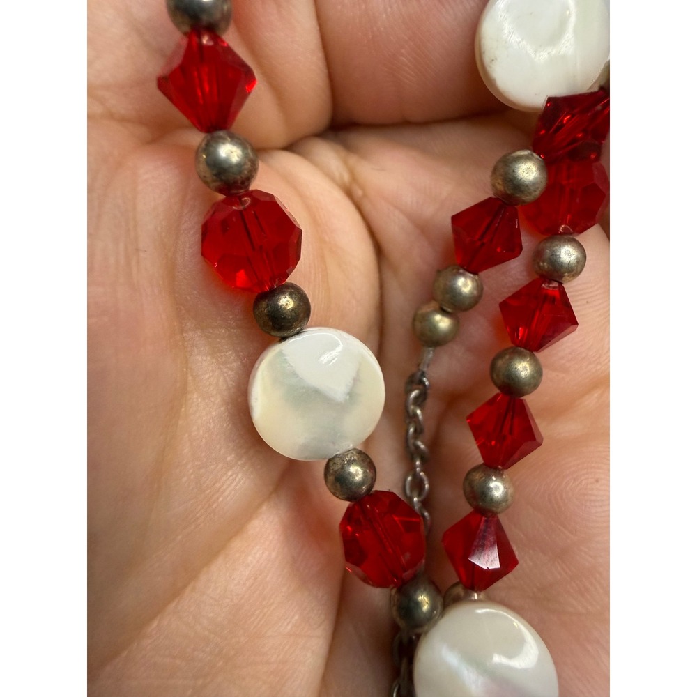 Vintage Red Crystal and Mother of Pearl Shell Beaded Necklace Silver Tone 19"